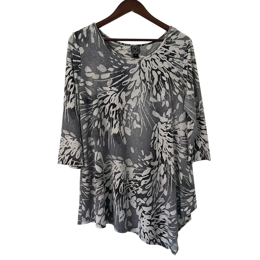 Clara Sun Woo Tunic Top L Gray Abstract Print Sharkbite Hem 3/4 Sleeve Lagenlook